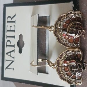 Turkey enamel rhinestone pierced earrings NapierThanksgiving fall Autumn jewelry